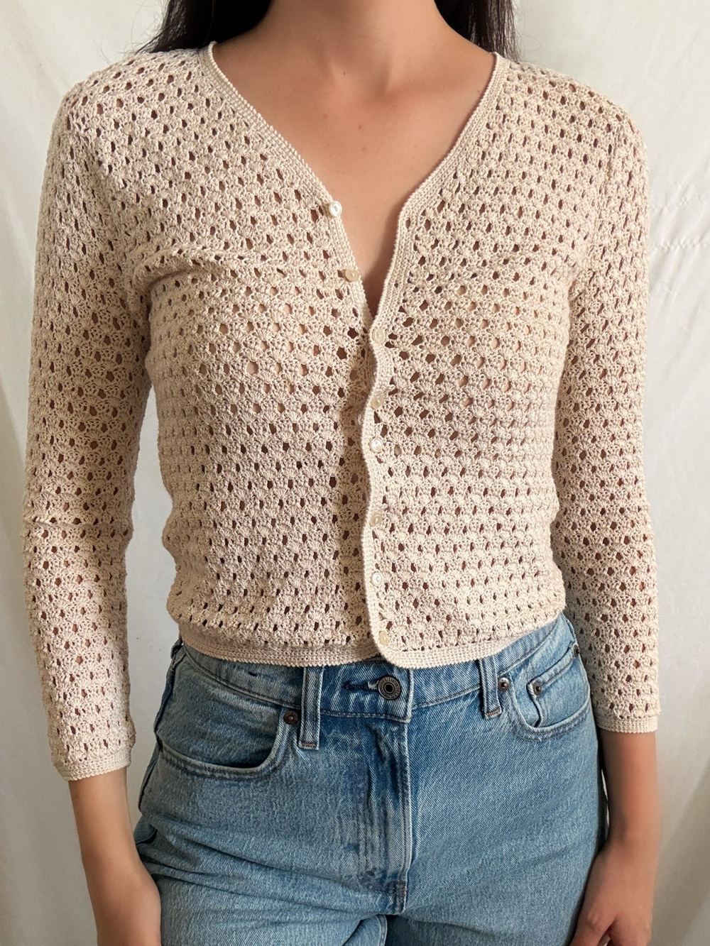Vintage 90s casual corner cream knit crochet button up long sleeve top cardigan